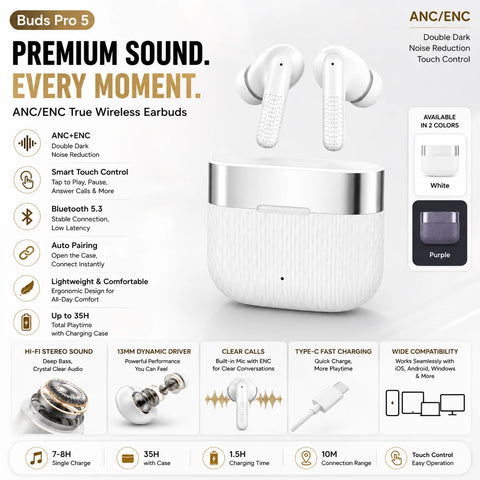 🔥 BUDS PRO 5 – ACTIVE ANC • TYPE-C QUICK CHARGE • PREMIUM STEREO AUDIO 🔥
